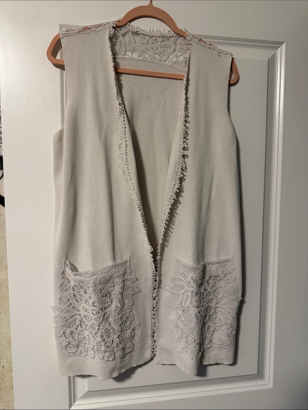 Sleeveless Open Front Vest with Lace Pockets - Light Cream